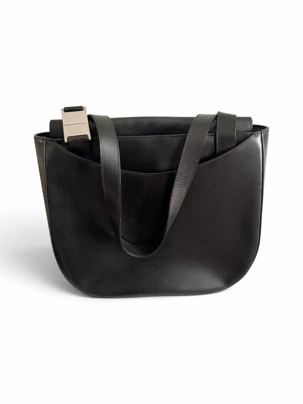 Gucci Black Leather Shoulder Tote Bag Silver Plaque Hardware Double Strap